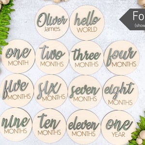 3D Monthly Milestone Discs for Baby Photos | Engraved Wood Monthly Milestone Markers | Personalized Baby Sign image 2