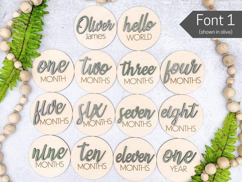 3D Monthly Milestone Discs for Baby Photos | Engraved Wood Monthly Milestone Markers | Personalized Baby Sign image 2