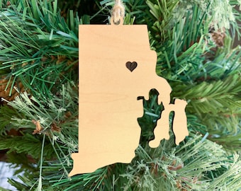 Rhode Island Ornament with Heart Marker, Customizable Christmas Ornament, Personalized Wood Engraved Gifts, Rhode Island Souvenir