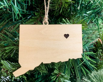 Connecticut Ornament with Heart Marker, Customizable Christmas Ornament, Personalized Wood Engraved Gifts, Connecticut Gifts