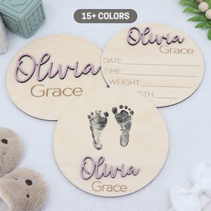 Letrero personalizado para anunciar el nombre del bebé / Letrero con las fechas de nacimiento / Letrero con la huella del pie del recién nacido / Letrero para revelar el nombre
