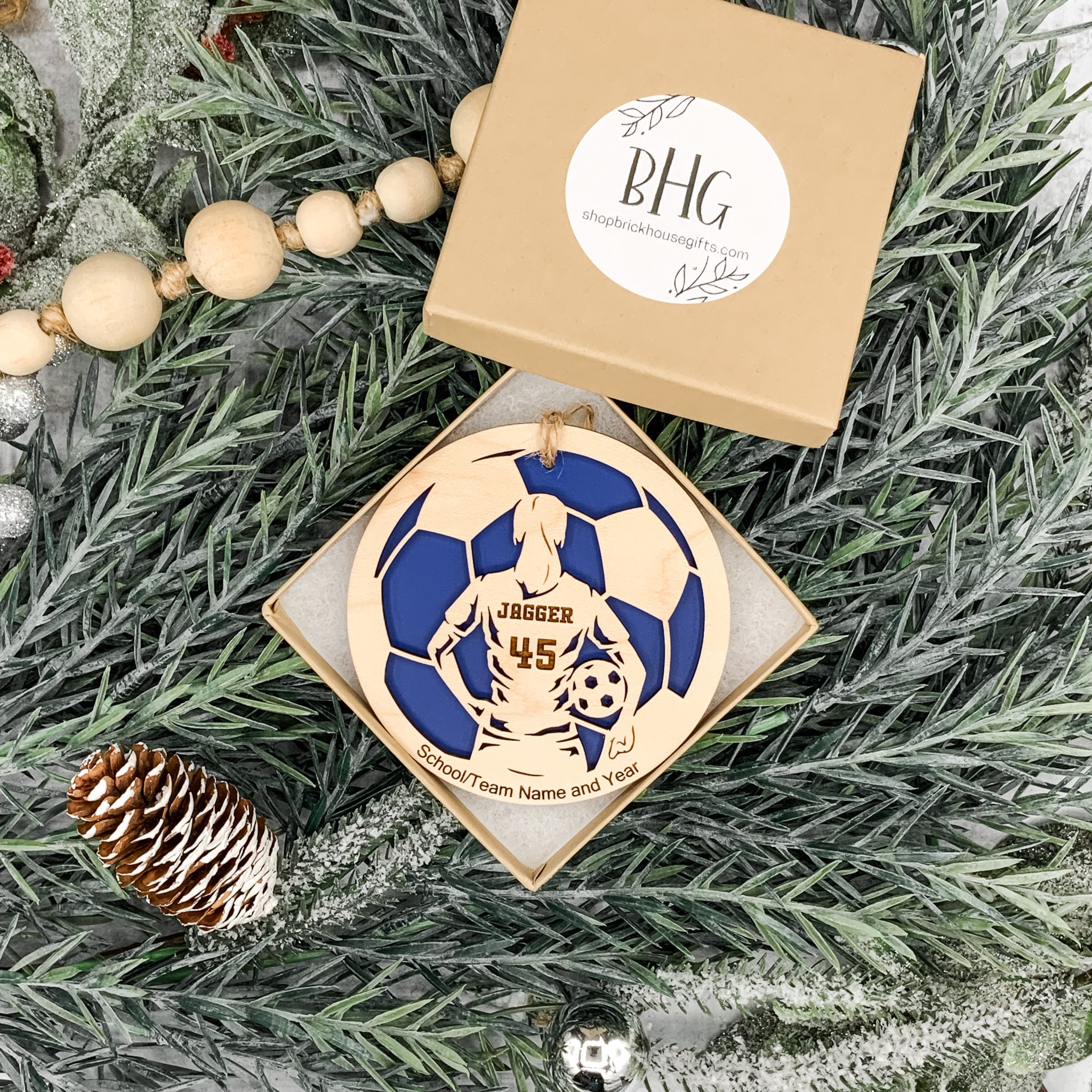 Personalized Soccer Ornament, Engraved Wooden Sports Ornament with Name and Number, Sports Jersey