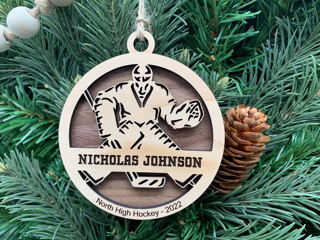 Personalized Hockey Goalie Ornament, Engraved Wooden Sports Ornament