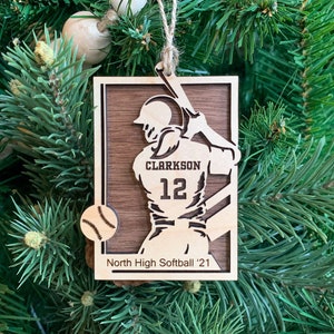 Personalized Softball Ornament, Engraved Wooden Sports Ornament with Name and Number, Sports Jersey