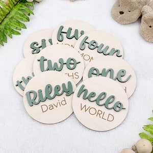Wooden 3D Monthly Milestone Discs for Baby Photos Engraved Wood Monthly Milestone Markers Personalized Baby Sign image 2