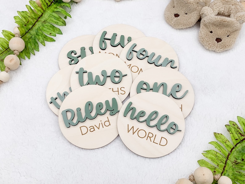 Wooden 3D Monthly Milestone Discs for Baby Photos Engraved Wood Monthly Milestone Markers Personalized Baby Sign image 2