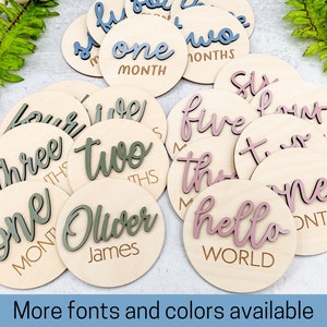 Wooden 3D Monthly Milestone Discs for Baby Photos Engraved Wood Monthly Milestone Markers Personalized Baby Sign image 1