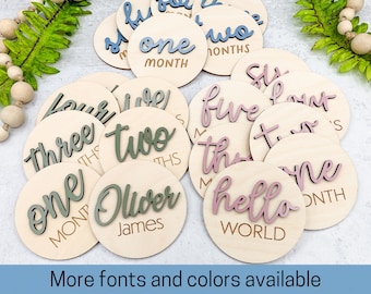 Wooden 3D Monthly Milestone Discs for Baby Photos | Engraved Wood Monthly Milestone Markers | Personalized Baby Sign