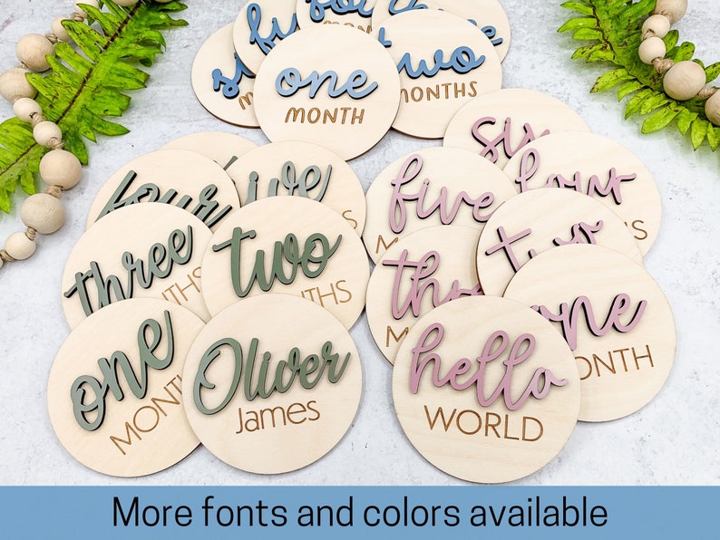 Wooden 3D Monthly Milestone Discs for Baby Photos Engraved Wood Monthly Milestone Markers Personalized Baby Sign image 1