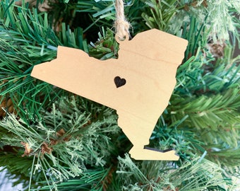 New York Ornament with Heart Marker, Choose Any State, Customizable Christmas Ornament, Personalized Wood Engraved Gifts, New York souvenir