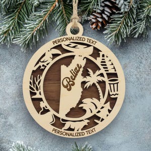 Custom Belize Ornament – Tropical Design with Jaguar, Palm Tree & Mayan Temple – Personalized Travel Keepsake