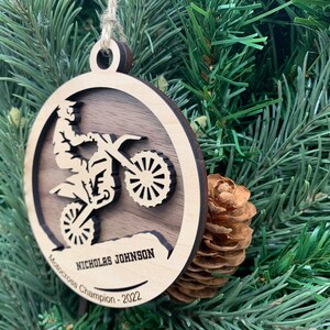 Personalized Motocross Ornament, Engraved Wooden Sports Ornament with custom text, Dirt Bike image 2