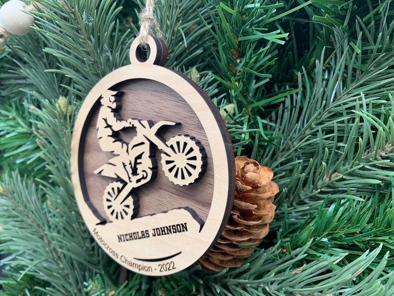 Personalized Motocross Ornament, Engraved Wooden Sports Ornament with custom text, Dirt Bike image 2