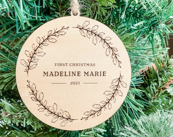 Personalized Baby's First Christmas Ornament, Wooden Baby Ornament with Name, Newborn, Minimalist, Boy Girl Keepsake, Farmhouse, Holly