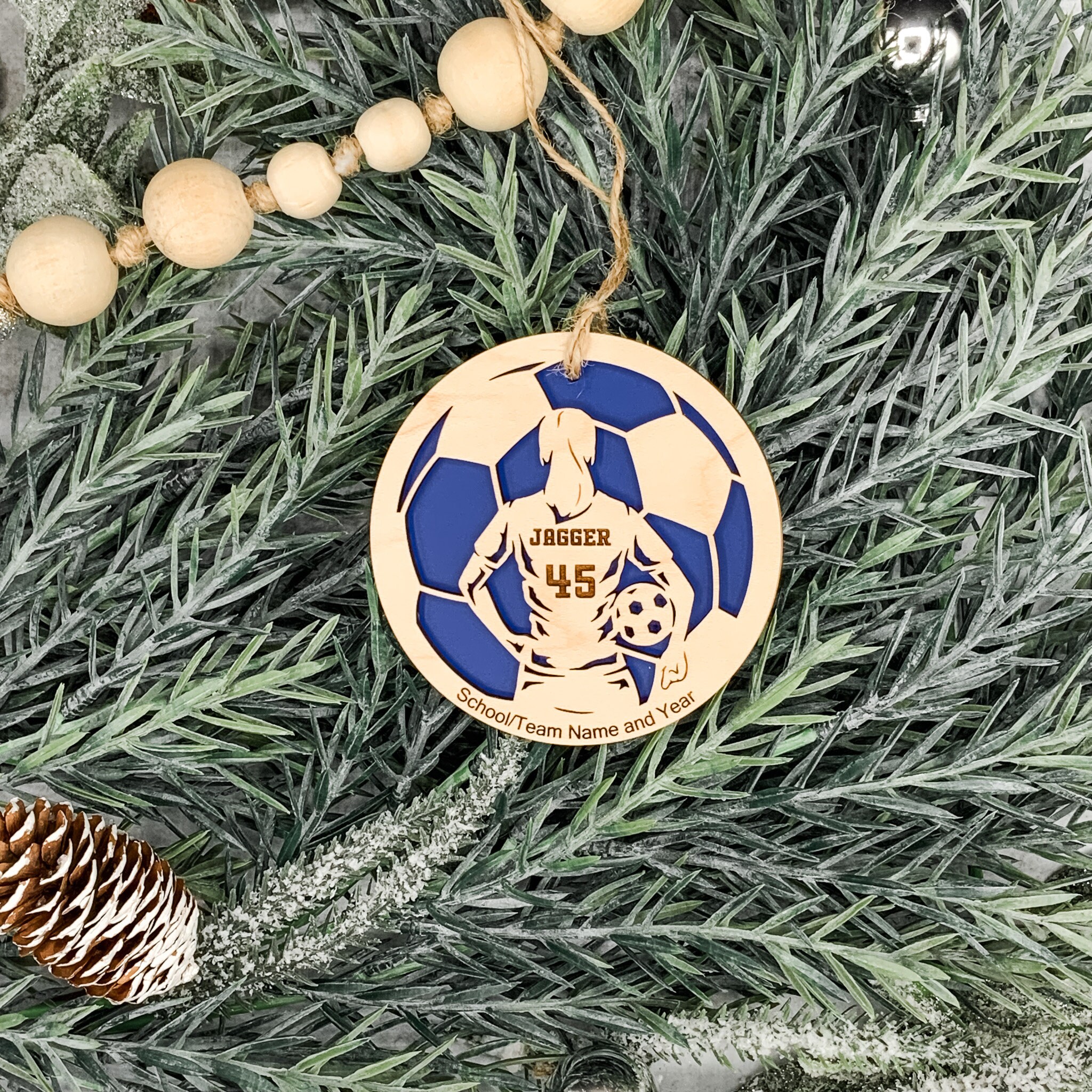 Personalized Soccer Ornament, Engraved Wooden Sports Ornament with Name and Number, Sports Jersey