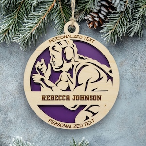 Personalized Women&#39;s Wrestling Ornament, Engraved Wooden Sports Ornament with Name and custom text, Sports Jersey