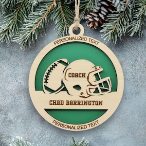 Football Coach Ornament Personalized or Team Mom and/or Manager Ornament, Engraved Wooden Sports Ornament with Name and custom text