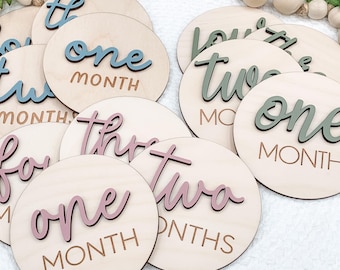 May include: A collection of wooden monthly milestone discs. Each disc features a number and the word "month" in various colors, including blue, green, and pink. The discs are arranged in a circular pattern.