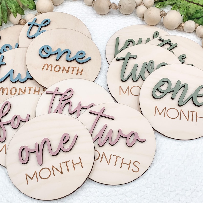 3D Monthly Milestone Discs for Baby Photos | Engraved Wood Monthly Milestone Markers | Personalized Baby Sign image 1