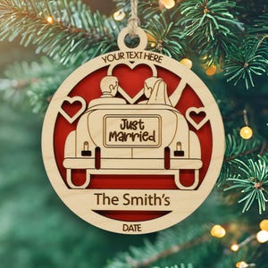 Just Married Ornament – Personalized Wedding Keepsake – Custom Laser-Cut Wood Décor for Newlyweds