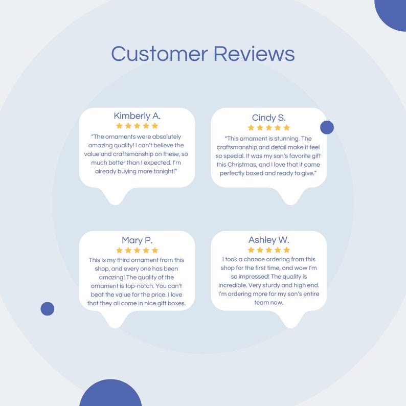 four customer reviews for a gift shop, each with a different rating and comment. The reviews are written in a blue and white color scheme and are arranged in a circular layout.