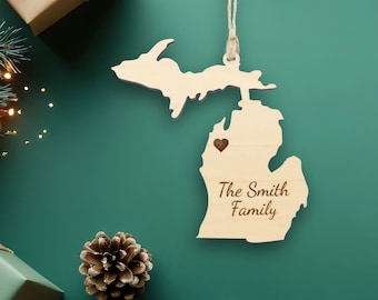 Michigan Ornament with Heart Marker, Choose Any State, Customizable Christmas Ornament, State Souvenir, Housewarming Gift