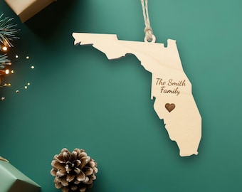 Florida Ornament with Heart Marker, Choose Any State, Customizable Christmas Ornament, State Souvenir, Housewarming Gift
