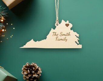 Virginia Ornament with Heart Marker, Choose Any State, Customizable Christmas Ornament, State Souvenir, Housewarming Gift