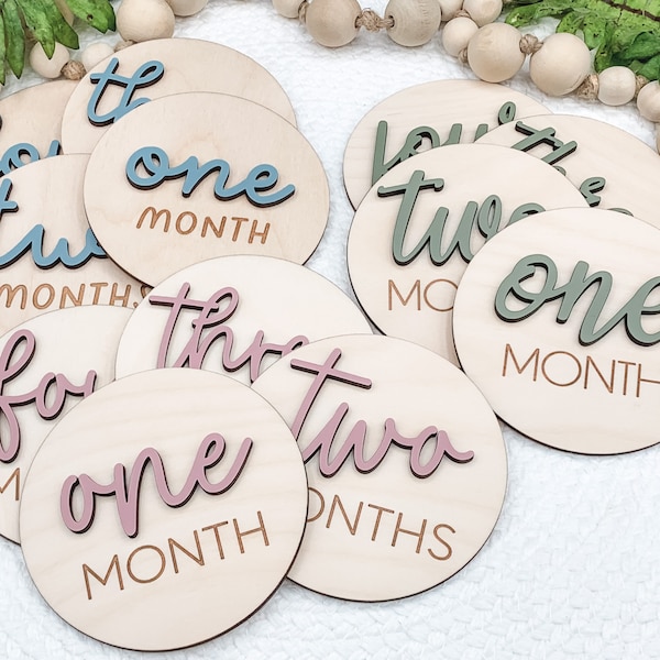 3D Monthly Milestone Discs for Baby Photos | Engraved Wood Monthly Milestone Markers | Personalized Baby Sign