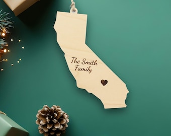 California Ornament with Heart Marker, Choose Any State, Customizable Christmas Ornament, State Souvenir, Housewarming Gift
