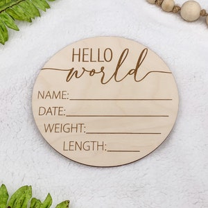 Hello World Baby Stats Plaque, Engraved Wood Hello World Sign, Baby Photo Props, Newborn & Birth Announcement, Hospital Welcome