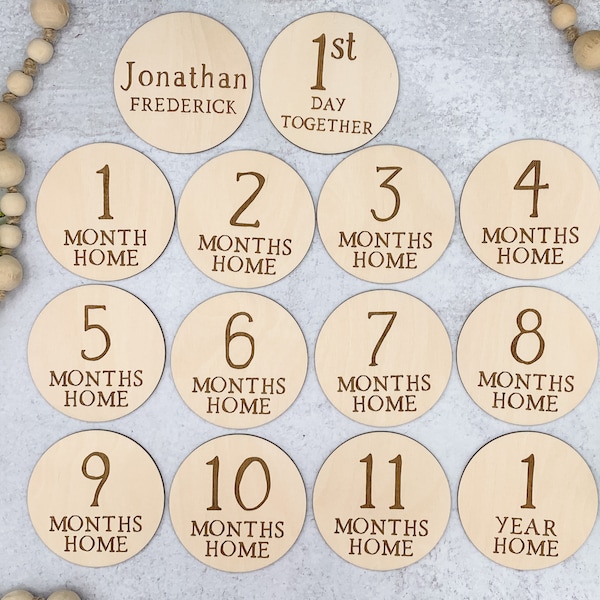 Adoption Monthly Milestone Marker Discs with Personalization, Engraved Wood Monthly Milestone Markers