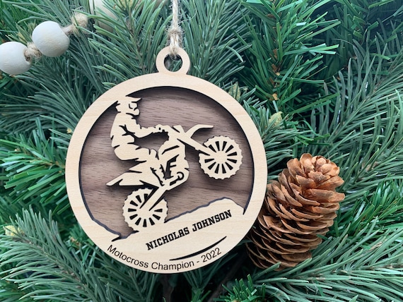 Personalised MX Dirt Bike Motorbike Oak Engraved Wooden Bauble 