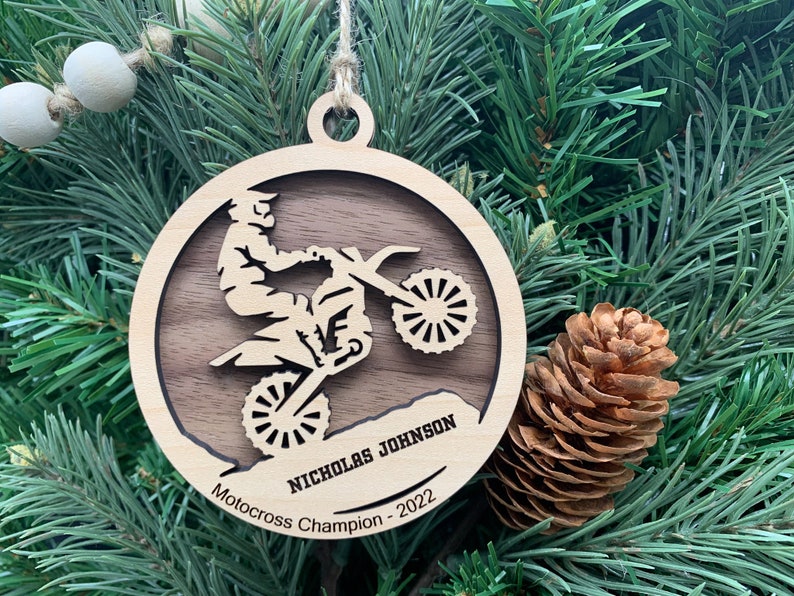 Personalized Motocross Ornament, Engraved Wooden Sports Ornament with custom text, Dirt Bike image 1