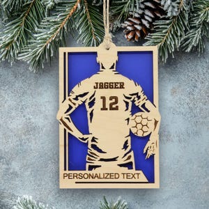 Personalized Mens Soccer Ornament, Engraved Wooden Sports Ornament with Name and Number, Sports Jersey