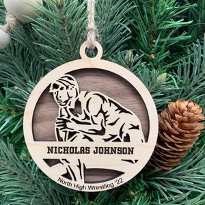 Personalized Men's Wrestling Ornament, Engraved Wooden Sports Ornament with Name and custom text, Sports Jersey