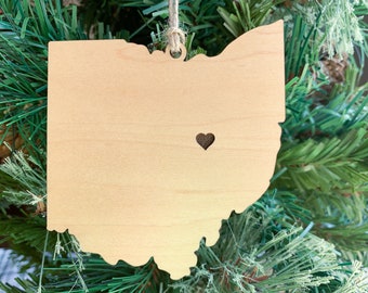 Ohio Ornament with Heart Marker, Choose Any State, Customizable Christmas Ornament, Personalized Wood Engraved Gifts, Ohio souvenir