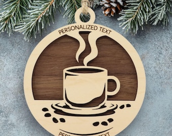 Coffee Ornament – Steaming Cup and Coffee Beans Design – Personalized Barista Gift