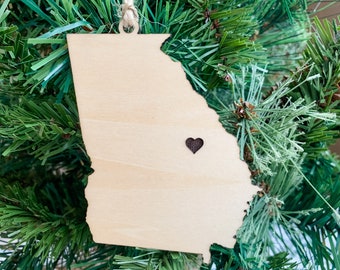 Georgia Ornament with Heart Marker, Choose Any State, Customizable Christmas Ornament, Personalized Engraved Gifts, Georgia Gifts