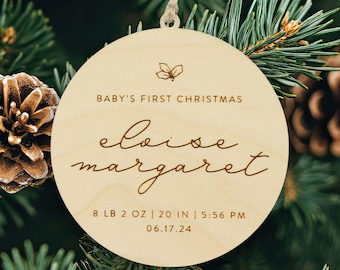 Baby’s First Christmas Ornament Personalized – Custom Newborn Stats Keepsake with 5 Font Options