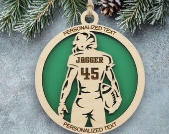 Football Ornament Personalized, Engraved Wooden Sports Ornament with Name and custom text, Sports Jersey