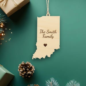 Indiana Ornament with Heart Marker, Choose Any State, Customizable Christmas Ornament, State Souvenir, Housewarming Gift