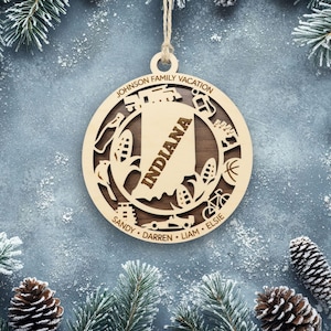 Indiana Ornament with personalization, Choose Any State, Customizable Christmas Ornament, Personalized Wood Engraved Gifts