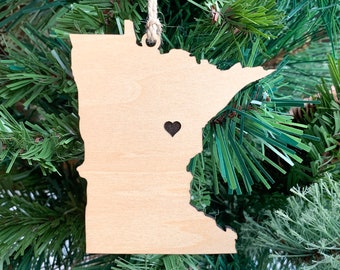 Minnesota Ornament with Heart Marker, Customizable Christmas Ornament, Personalized Wood Engraved Gifts, Minnesota Gifts