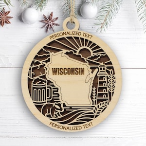 Wisconsin State Ornament - Personalisiertes Weihnachtsandenken aus Holz - Lasergeschnittenes Dachs State Erbdekor