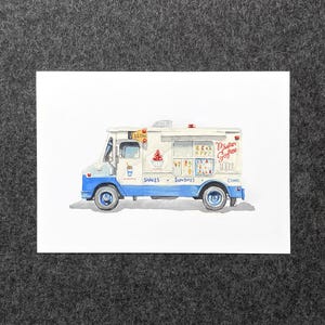 May include: A watercolor illustration of a white and blue Mister Softee ice cream truck. The vehicle features a service window, a menu display, and text that reads Shakes, Sundaes, and Cones. The truck has a yellow sign that says Slow.
