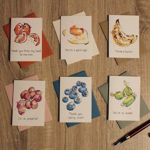6 x mini cartes de remerciement A7 recyclées avec illustrations de jeux de mots culinaires