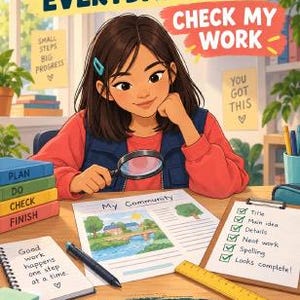 May include: An illustration of a person using a magnifying glass to review a document titled My Community. The desk features a stack of books labeled Plan, Do, Check, Finish, a notepad with text, a yellow ruler, and a checklist with checkmarks.