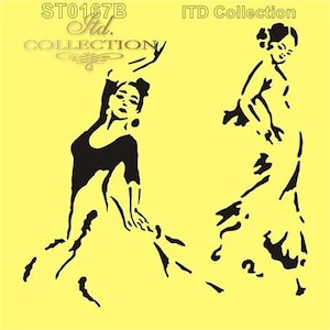 May include: A stencil design showing two stylized flamenco dancers in black on a yellow background. The dancers are in motion, one with an arm raised, the other in a flowing skirt. The text "ST0167B Itd. COLLECTION" and "ITD Collection" are visible.