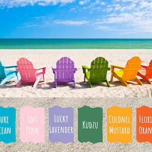 May include: Six colorful Adirondack chairs on a sandy beach with a blue ocean in the background. The chairs are painted in shades of blue, pink, purple, green, yellow, and orange. The colors are labeled with names like "Pure Ocean", "Soft Pink", "Lucky Lavender", "Kudzu", "Colonel Mustard", and "Florida Orange".